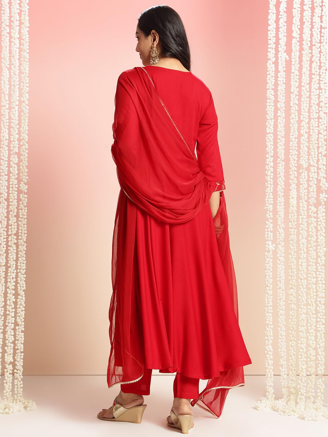 Anni Designer Women'S Rayon Blend Anarkali Embroidered Kurta With Pant & Dupatta (Bobheli Red_Xl_Red_X-Large),Red,XL,Rayon,Anarkali,