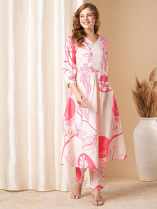 Anni Designer Women'S Cotton Blend Anarkali Printed Kurta With Pant (Santra Pink_S_Pink_Small),Pink,S,,,