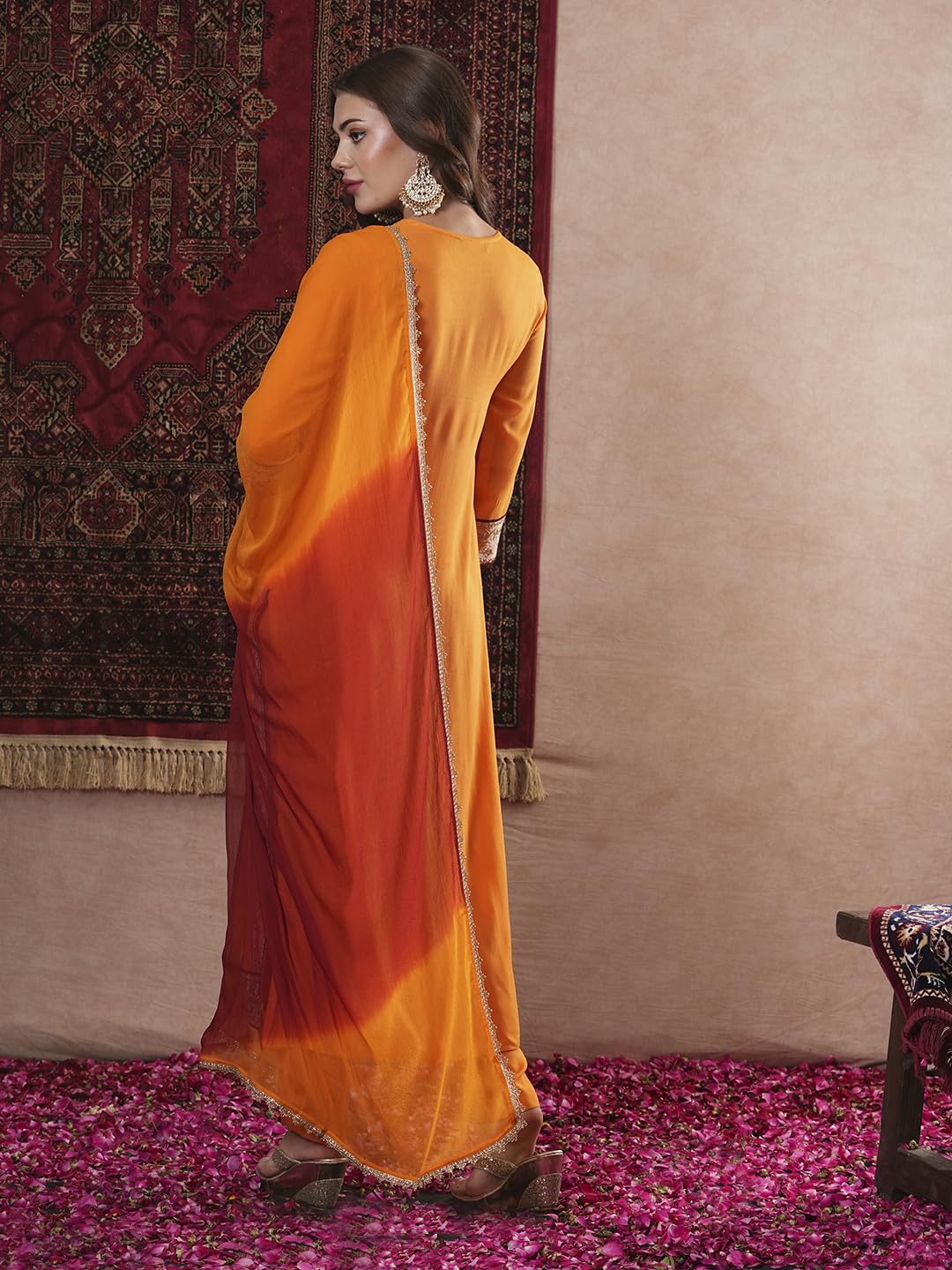 Anni Designer Women'S Cotton Blend Straight Fit Embroidered Kurta With Pant & Dupatta (Kunnu Orange_M_Orange_Medium),Orange,M,Rayon Blend,Regular,