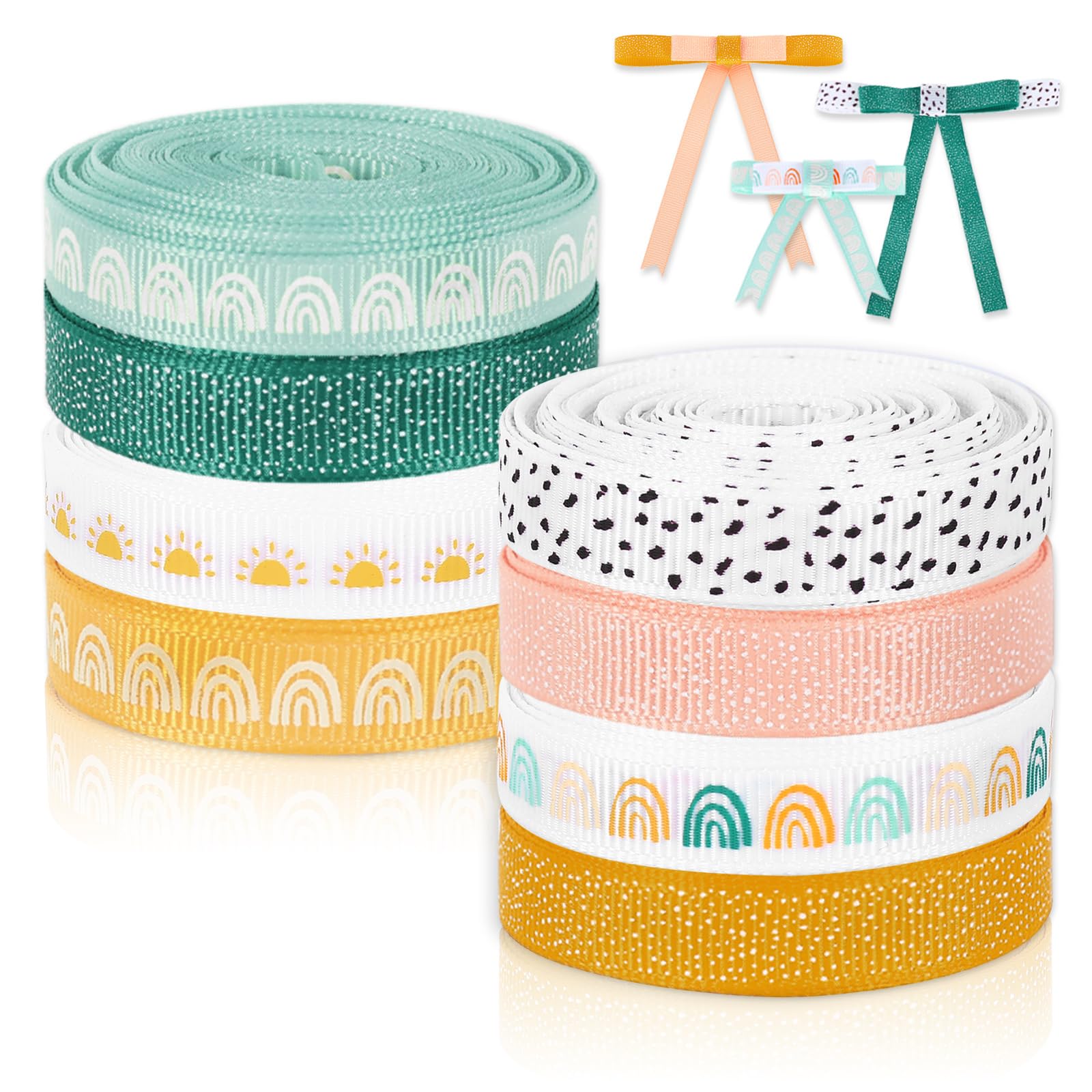 Whaline 8 Rolls Boho Ribbon 40 Yards 0.4 Inch Grosgrain Ribbon Colorful Boho Sun Fabric Craft Ribbons for Back to School Wreath 