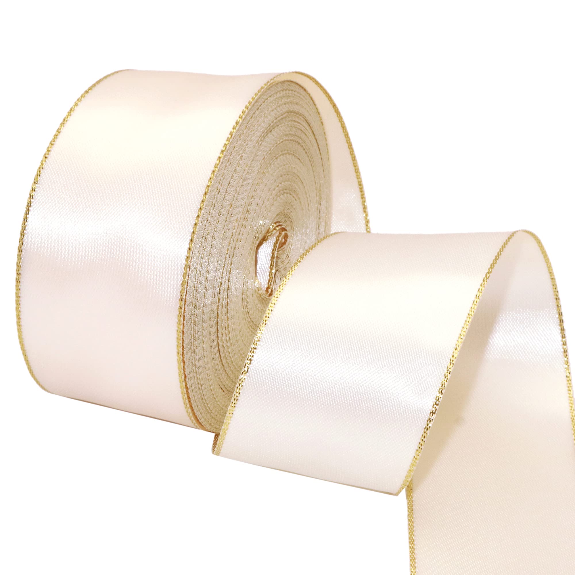 David accessories Cream Satin Ribbon with Gold Edges 1.5 Inch Wide 20 Yards, Gold Border Fabric Ribbons for Gift Wrapping DIY Cr
