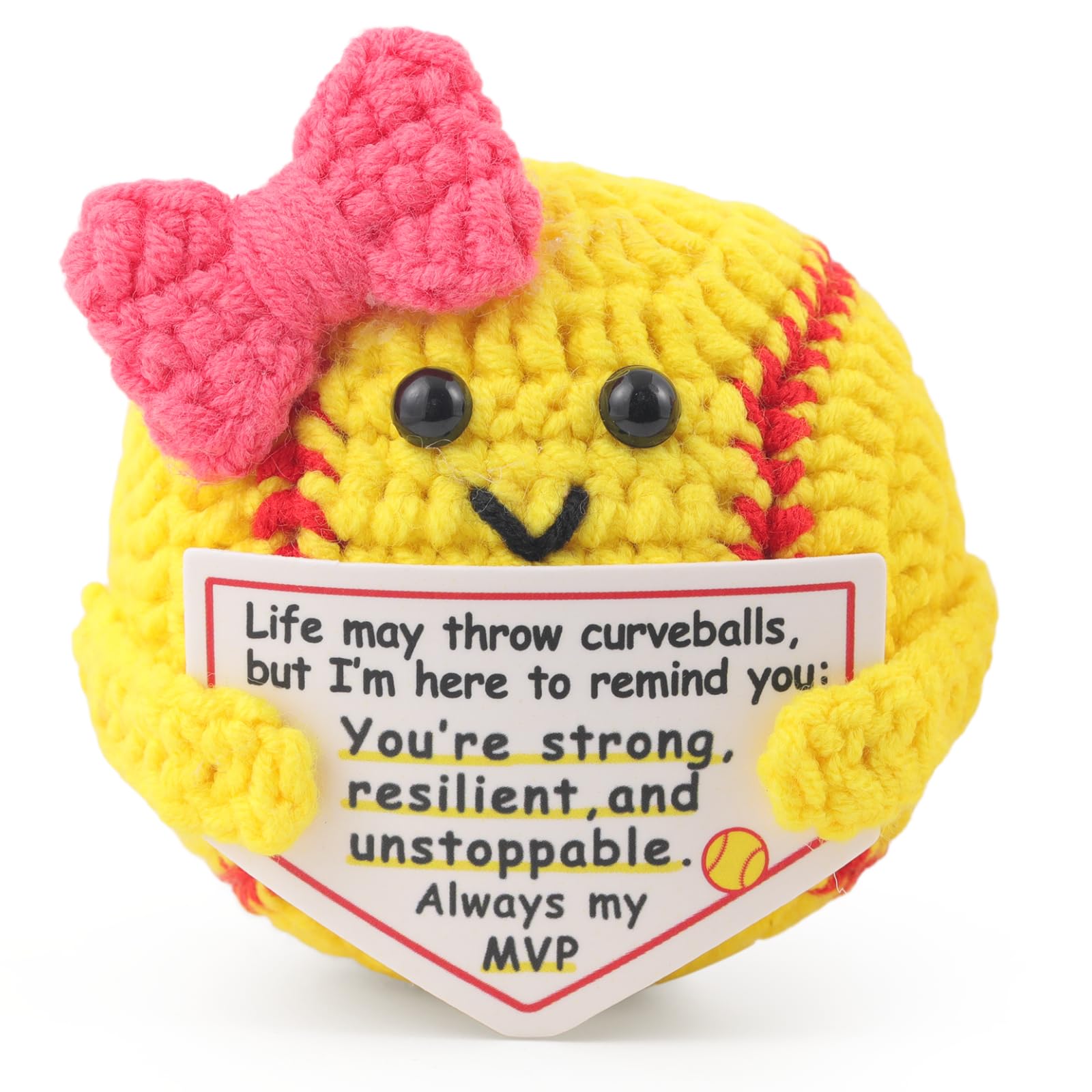 Rimvoe Crochet Positive Softball, with Bow and Motivational Message Card, Knitted Softball Gift for Players, Teammates or Lovers