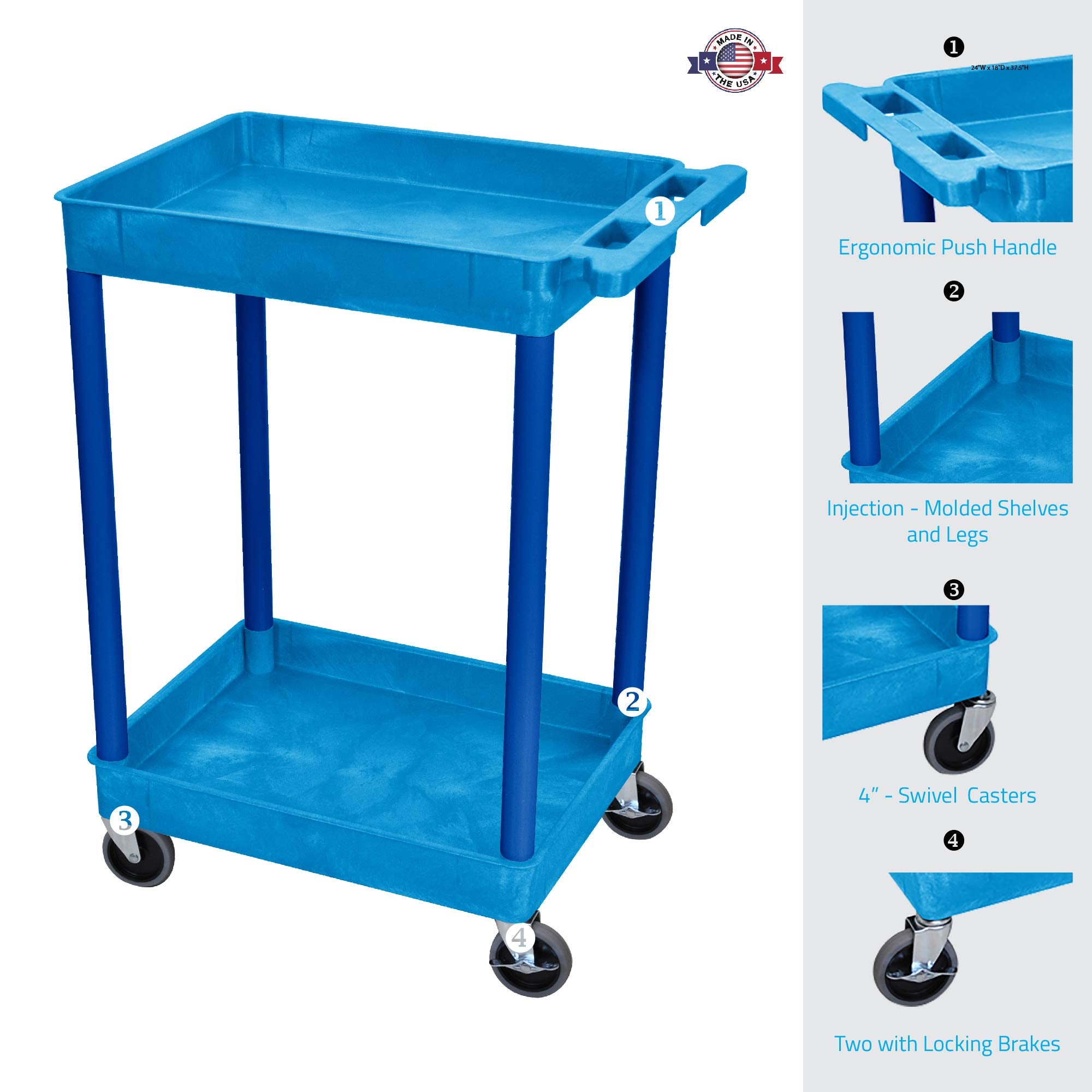 Luxor Bustc11Bu 2 Level Serving Cart, 37.5'' H X 24'' W X 18'' D, Blue