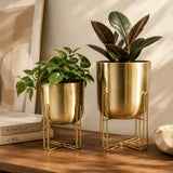 Indian Decormart Modern Metal Planter With Wire Stand Set Of 2 For Indoor Home Garden In Gold Idm22025