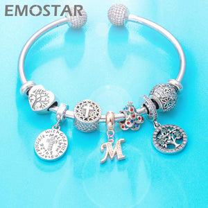 Letter M Rose Gold Charms fits Pandora Bracelet, Initial A-Z Alphabet Beads, 925 Sterling Silver Letra Dangle CZ Necklace Pendan