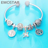 Letter M Rose Gold Charms fits Pandora Bracelet, Initial A-Z Alphabet Beads, 925 Sterling Silver Letra Dangle CZ Necklace Pendan