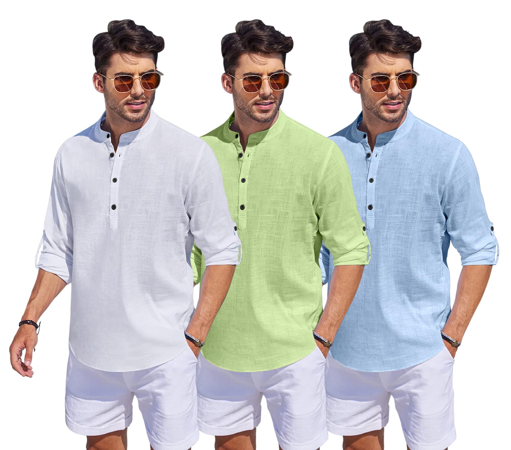 Bellstone Men'S Cotton Blend Solid Regular Dress Shirt (1500_3Combo_White-Lgreen-Sky_M Lightgreen