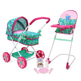 Baby Alive: Travel N' Feed Set - 7pcs - Green, Pink, Hearts - Stroller, Highchair, Bag, Feeding Accessories, Set for Dolls Up to