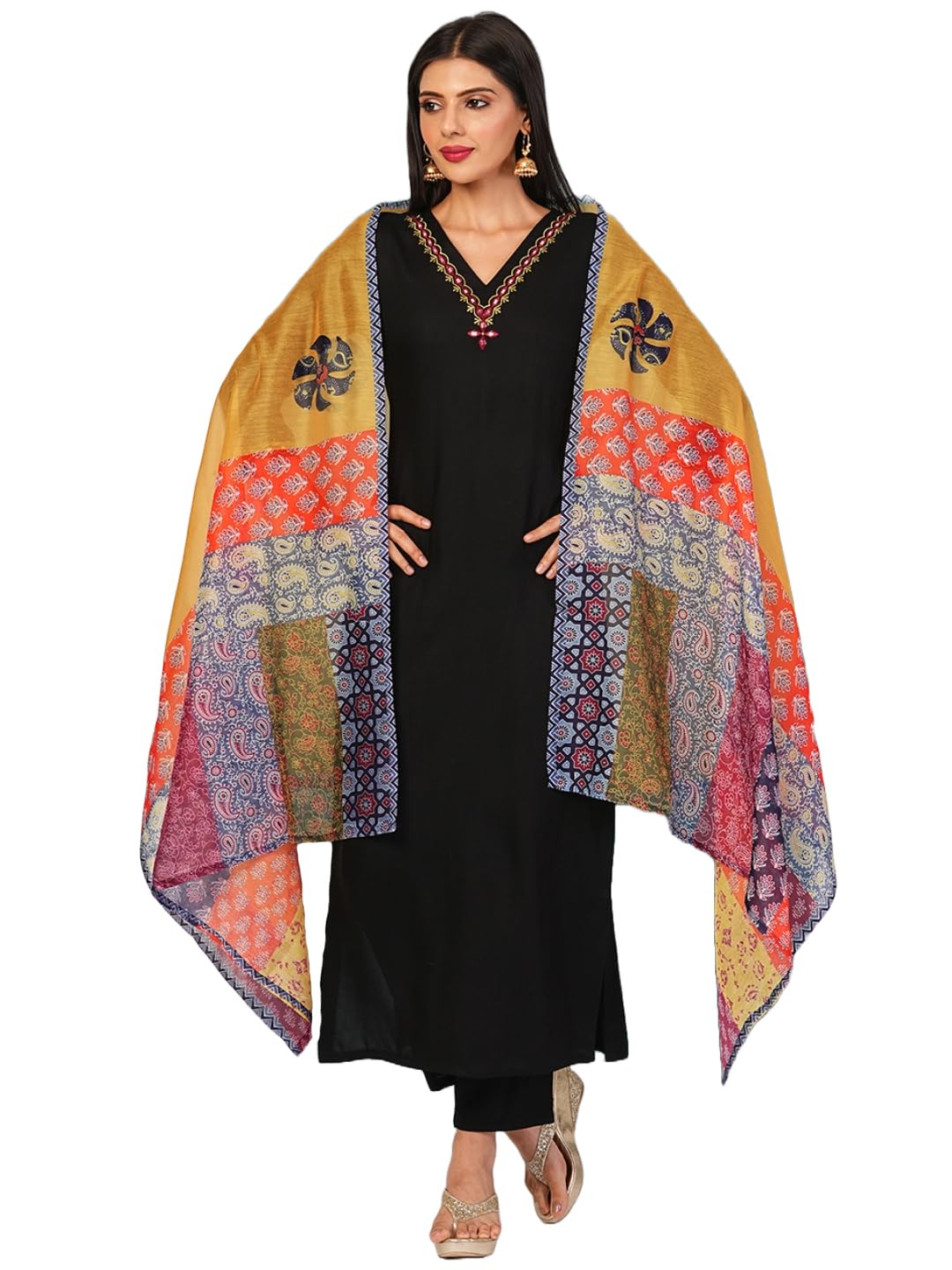Gosriki Women'S Cotton Blend Embroidered Straight Kurta With Pant & Dupatta (Fronx Black-Nw-Gs_M_Black_Medium),Black,,B0D4J7YNNL