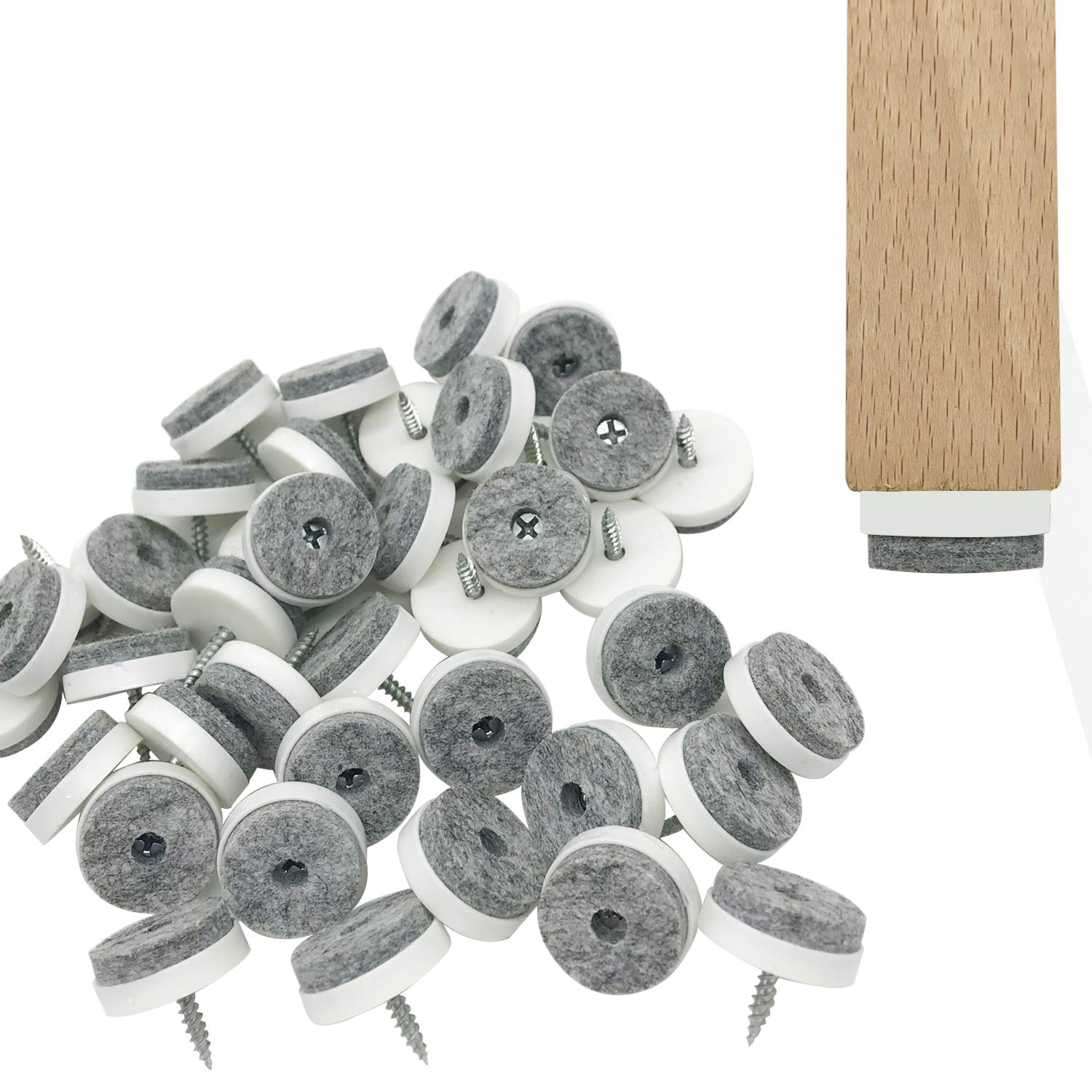 Screw-in Felt Pads - 60pcs 1-1/16 Inch White Furniture Chair Table Glides Pad Floor Protectors for Wooden Legs Feets