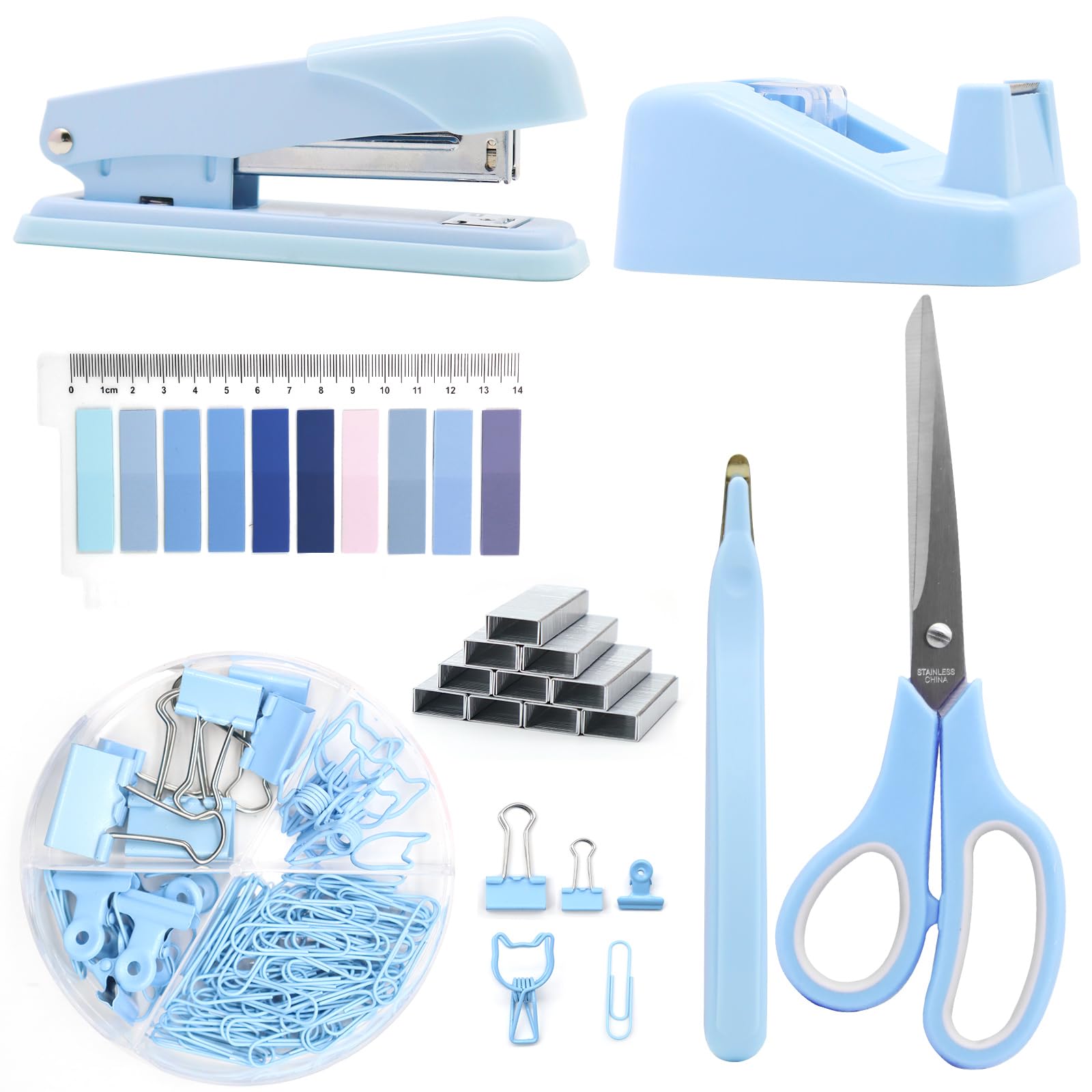 Blue Desk Accessories, Blue Office Supplies, Stapler and Tape Dispenser Set, Blue Desk Accessory Kit, Gift for Students, Women, 