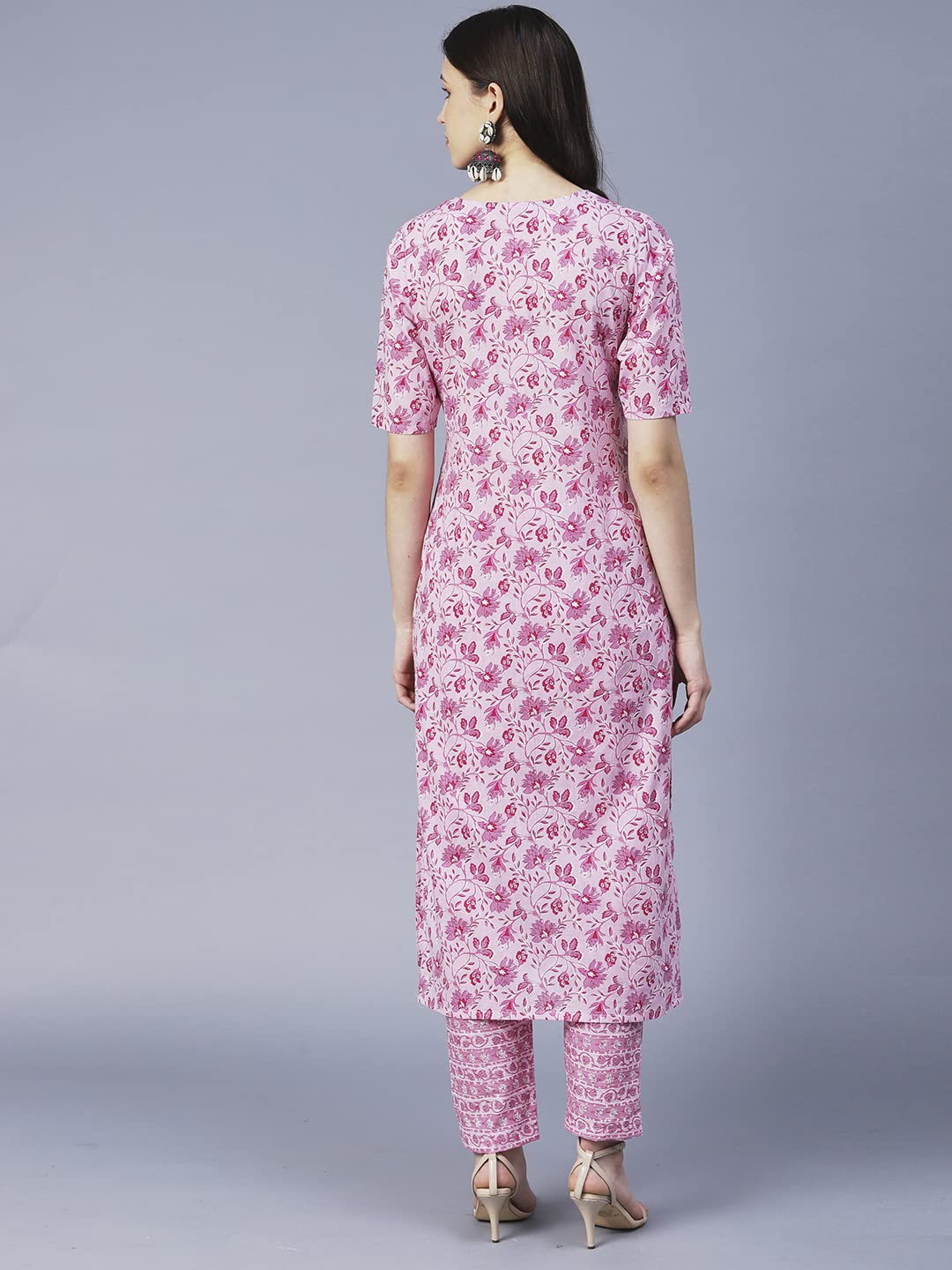 Anni Designer Women'S Cotton Blend Printed Straight Kurta With Pant (Mbc-Baby Pink_Xl_Baby Pink_X-Large),Baby Pink,XL,Cotton Blend,Regular,Pants