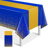 MASHAN 1Pcs Blue Gold Tablecloth Party Decorations,Plastic Royal Blue Table Cloth Printed Gold Table Runner Disposable Rectangle
