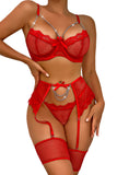 Aranmei Womens Sexy Eyelash Fishnet Lingerie Set Chain Babydoll Underwire Bra and Panty Sets with Garter Belt 4 Pieces(Red Large)-New