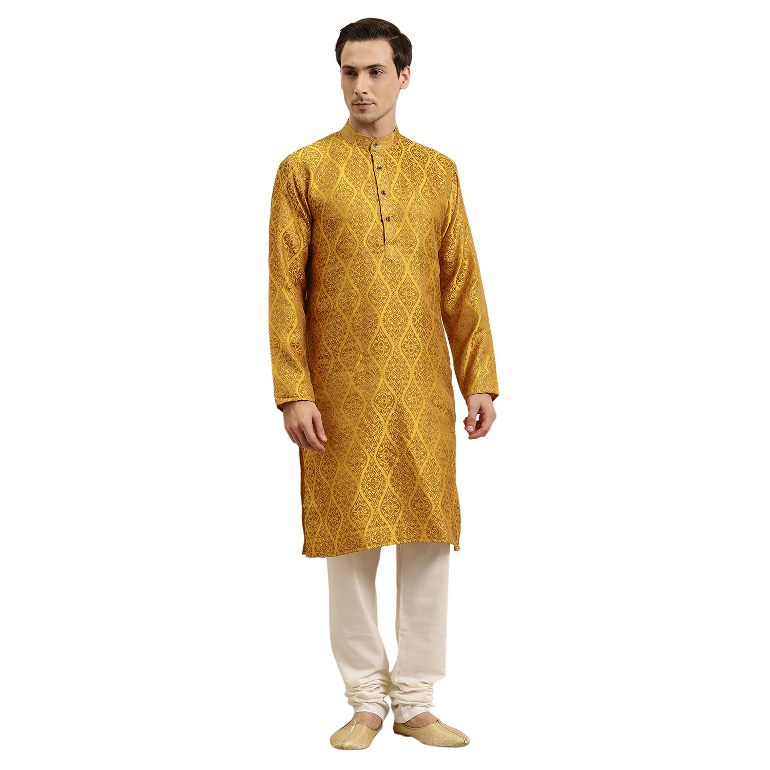 Sojanya (Since 1958 Men'S Jacquard Silk Mustard & Gold Kurta & Off-White Churidar Pyjama Set Size 38
