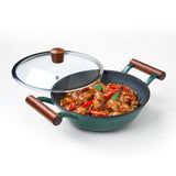 The Indus Valley Titanium Reinforced Enamel Coated Cast Iron Kadai 2.3 litres | 3 Layer Cast Iron with Glass Lid | Wooden Handle