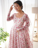 Women Floral Print Anarkali Kurta With Pant And Duptta (Medium Pink),Pink,M,Georgette,Anarkali,Dupatta