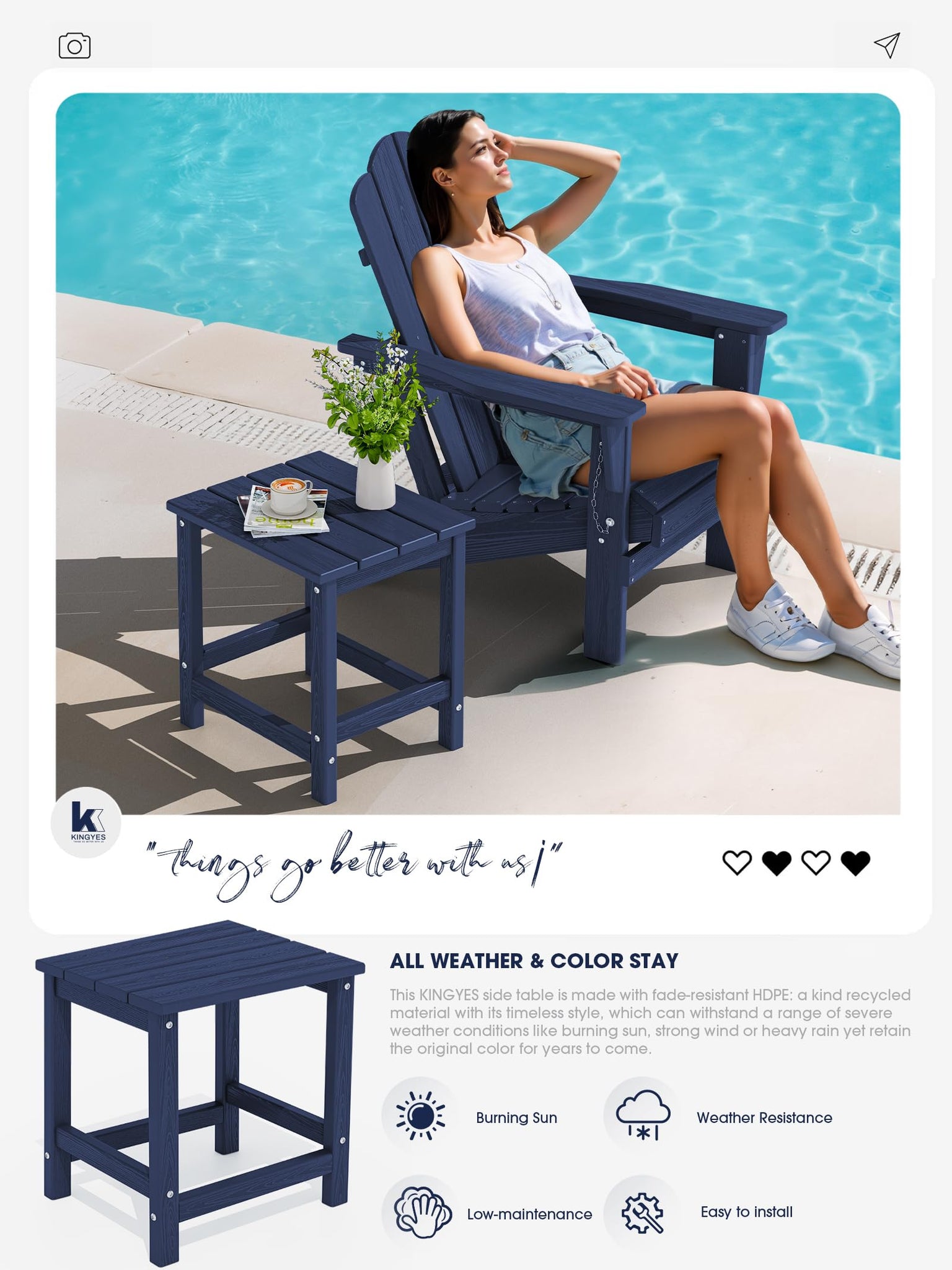 KINGYES Adirondack Outdoor Side Table, Navy