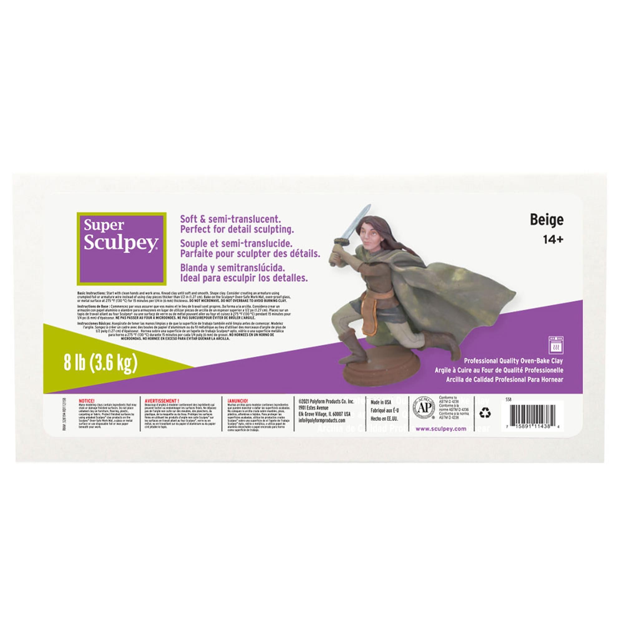 Super Sculpey  Beige, Premium, Non Toxic, Soft, Sculpting Modeling Polymer Clay, Oven Bake Clay, 8 Pound Bar. Great For All Adv