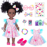 DOTVOSY 14.5 Inch Black Girl Doll with Pink Flamingo Theme Dress, Camera, Sunglasses & Accessories