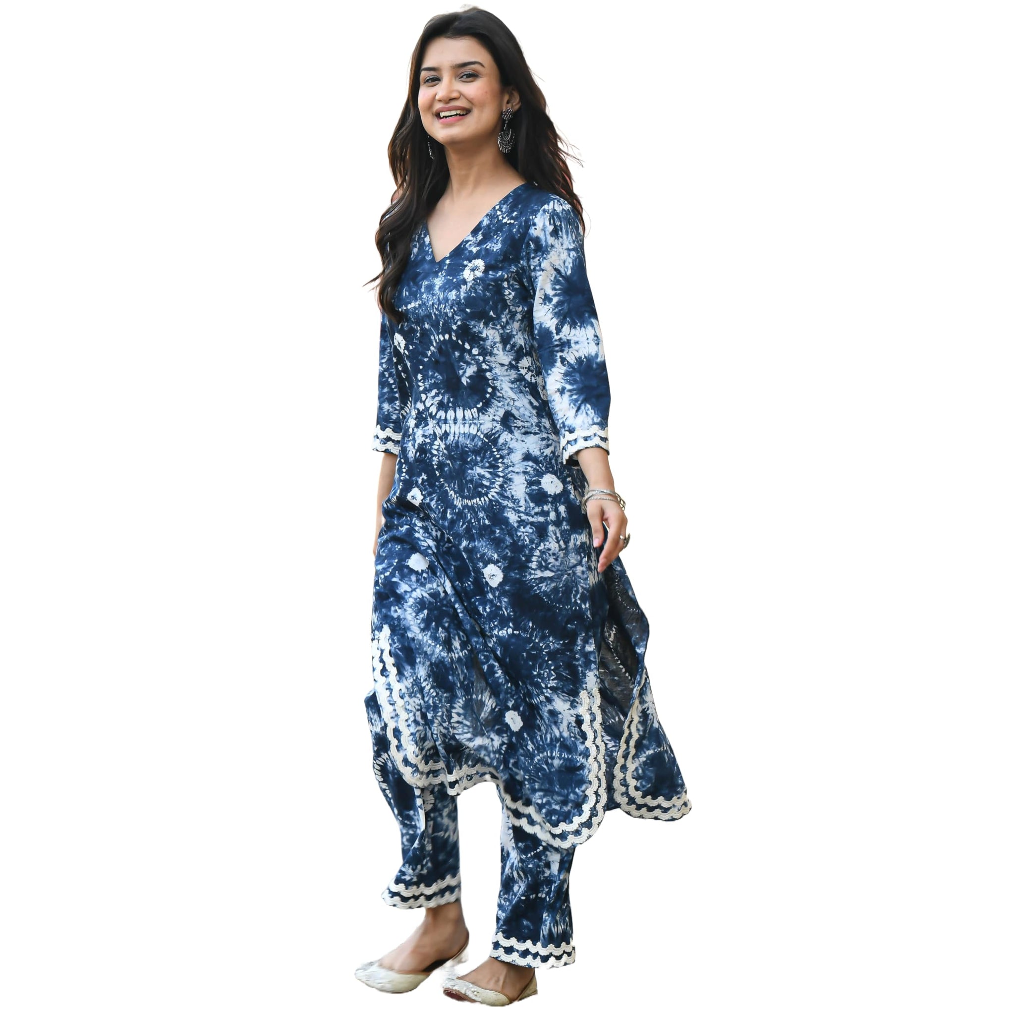 Anni Designer Women'S Cotton Blend Printed Straight Kurta With Palazzo Set (Hand Block Blue_S_Blue_Small),Blue,S
