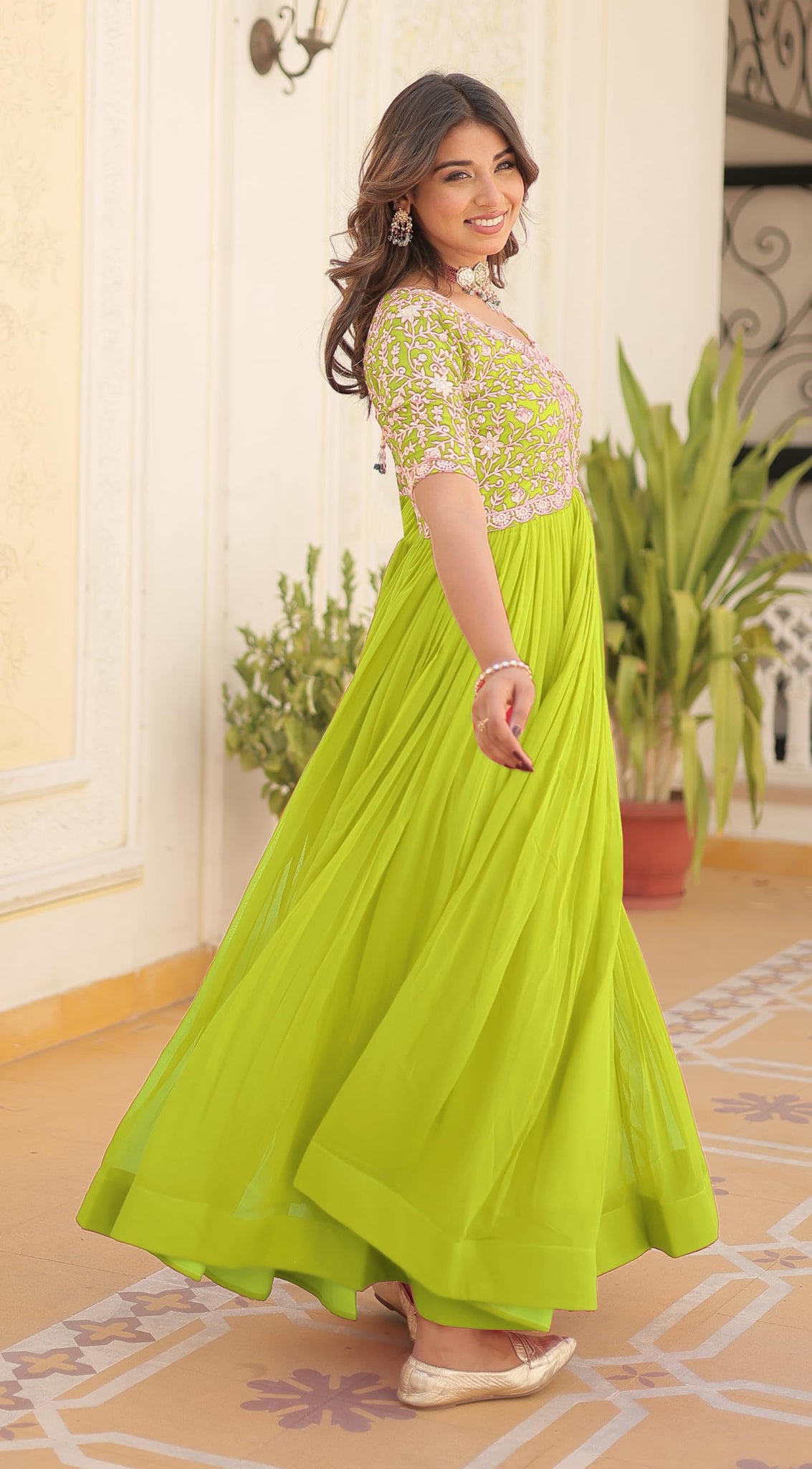 Fashion Basket Georgette Embroidered Anarkali Gown For Women Green-1 M