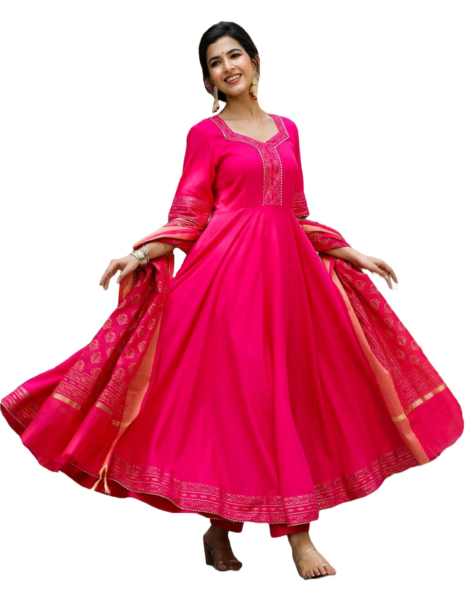 Anni Designer Women'S Rayon Blend Anarkali Solid Kurta With Pant & Dupatta (Ganpati-Rani_L_Pink_Large),Pink,L