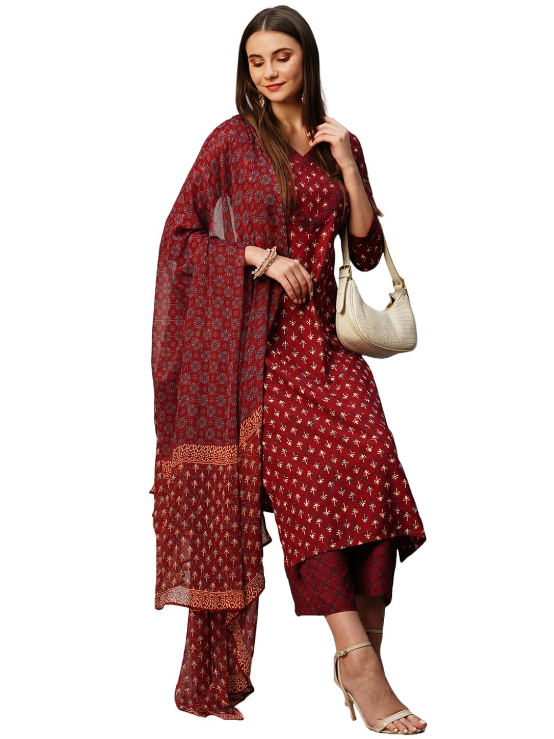 Gosriki Women'S Cotton Blend Straight Printed Kurta With Pant & Dupatta (Bc Maroon-Kbv-Gs_L_Maroon_Large),Maroon,,B0CNLZMSQT