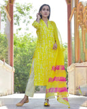 Gosriki Women'S Cotton Blend Straight Printed Kurta With Pant & Dupatta (Bagru-Yellow-Nw-Gs_Xl_Yellow_X-Large),Yellow,,B0BWFKGG97