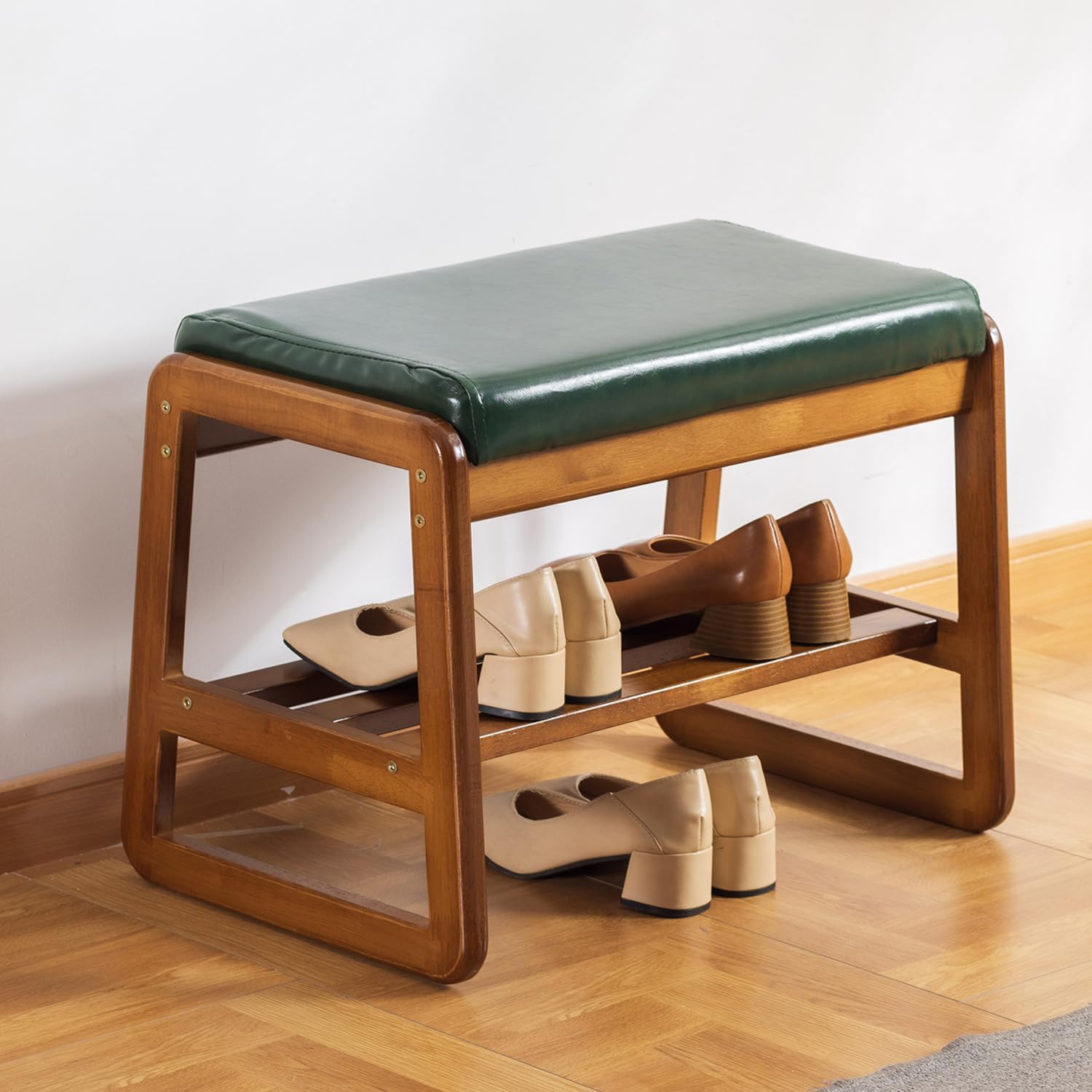 latifolia Shoe Bench, Solid Wood Shoe Bench with Cushion, 2 Tier Shoe Storage Bench for Entryway, Hallway, Living Room(Green,21.