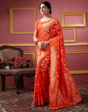 Sugathari Womens Banarasi Saree Pure Kanjivaram Silk Saree Soft New Ladies 2023 Design Wear Pattu Sarees Latest Party Sari Collections With Blouse Piece For Wedding Sadi (San Pari-187 Orange)