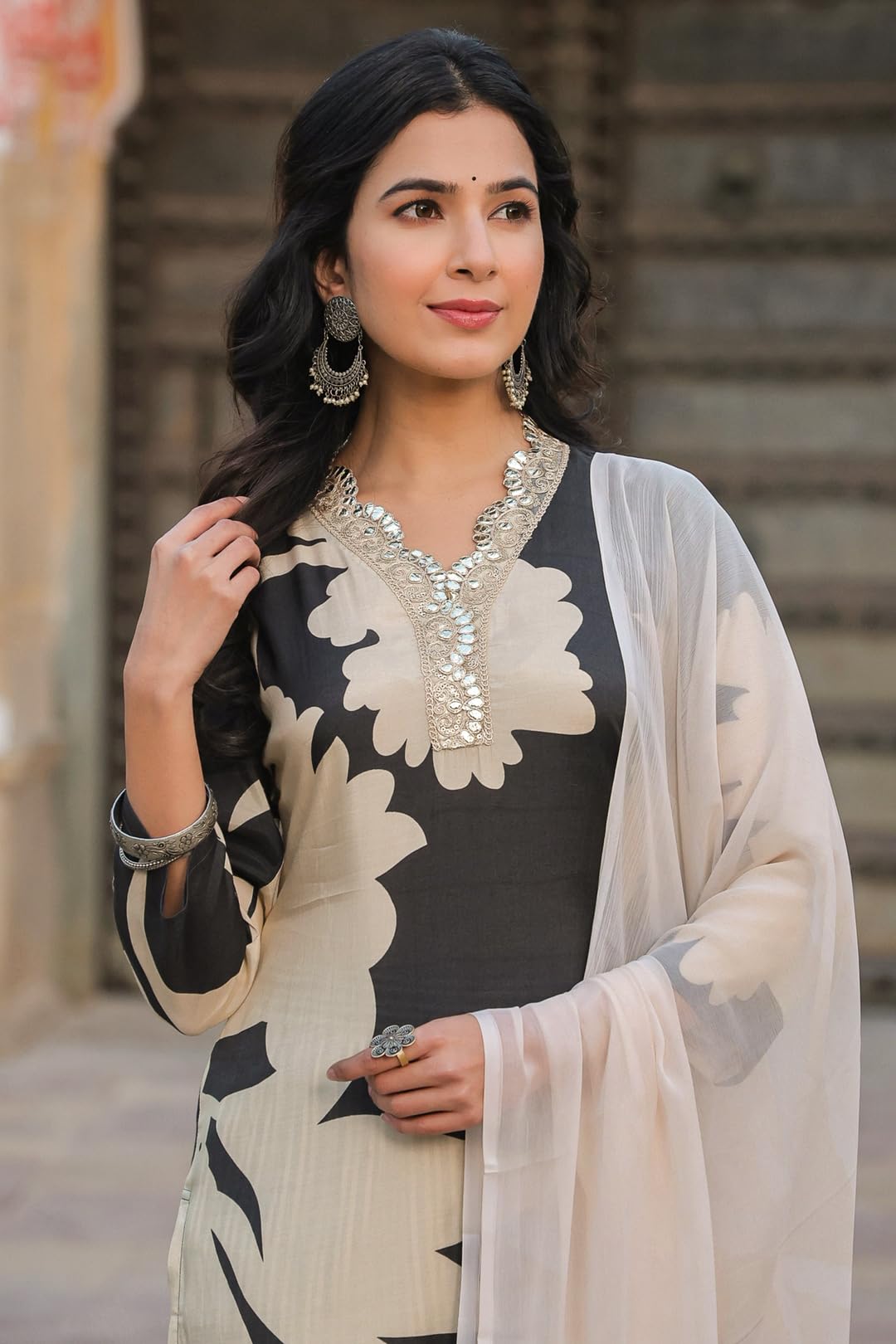 Anni Designer Women'S Cotton Blend Straight Printed Kurta With Pant & Dupatta (5Jee Black_3Xl_Blue_Xxx-Large),Black,3XL,Cotton Blend,5jee Black_1376,Kurta, Scarf