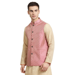 Sojanya (Since 1958, Men'S Jacquard Silk Pink Self Design Only Nehrujacket, Size: 36