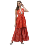 Stylum Women'S Bandhej Printed Cotton Flared Short Kurta Sharara Dupatta Set (Orangeaudi38_Orange, M)