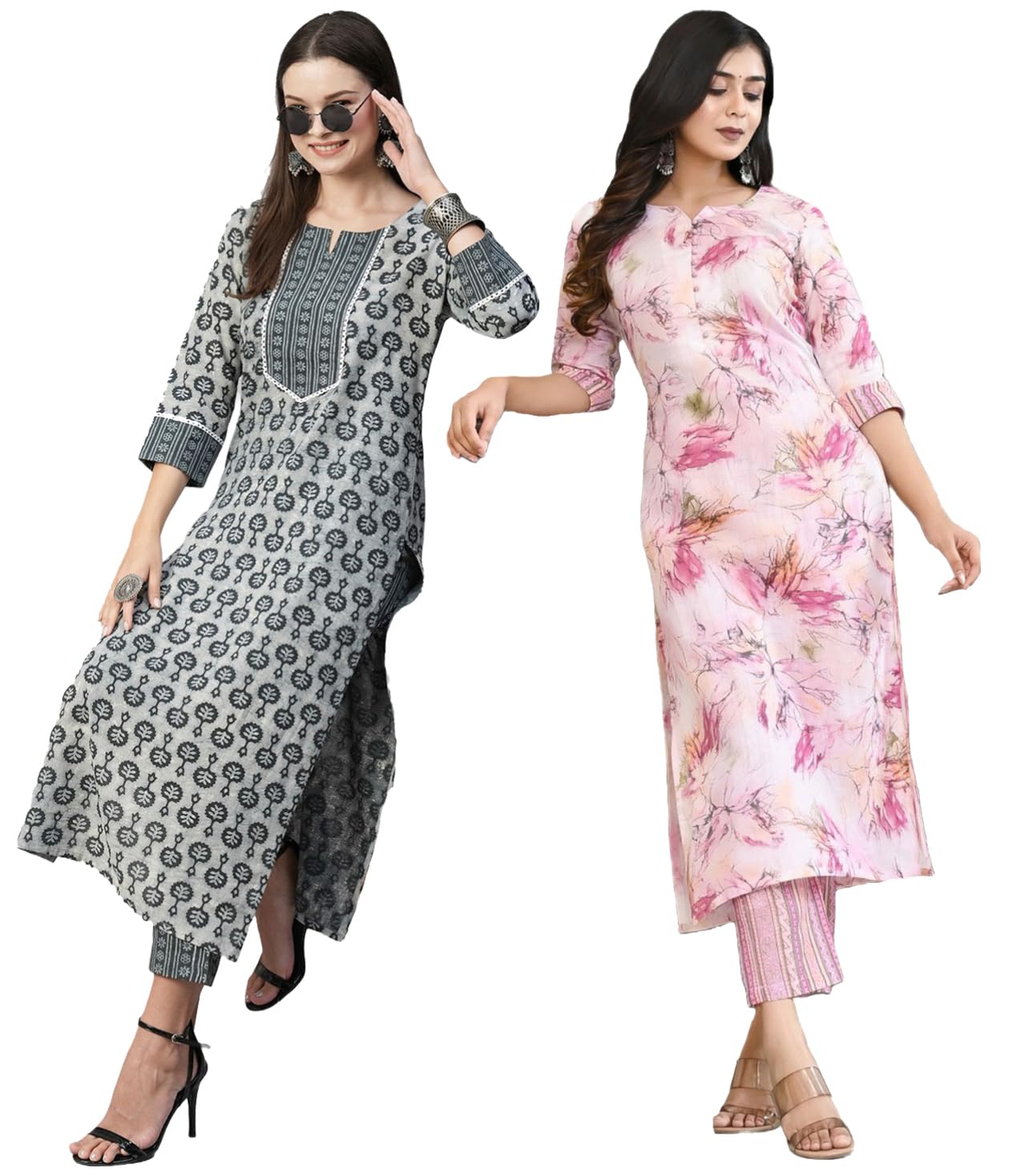 Anni Designer Women'S Cotton Blend Printed Straight Kurta With Pant Pack Of 2 (Combo-Sachi Grey-Ps Pink_Multicolor_X-Large)