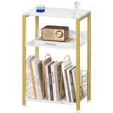 LELELINKY Side Table,White Marble Night Stand with Golden Metal Frame,3 Tier Industrial Wooden Record Player Stand with Vinyl St