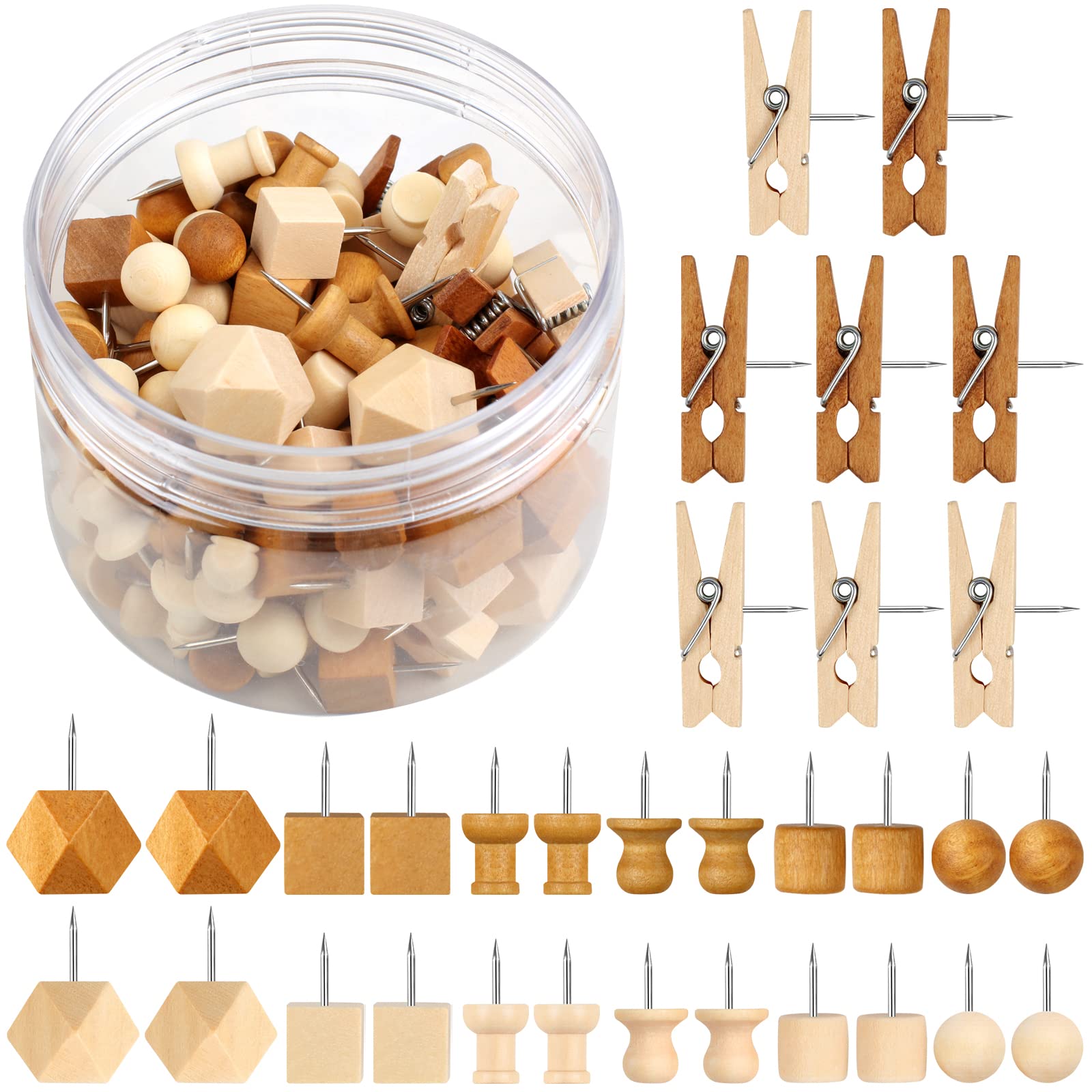 120Pcs Wooden Thumb Tacks, Wood and Brown Push Pins, 7 Shapes Push Pins for Cork Board Decoration Tacks, Push Pins for Wall for 