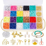 Vinskep Polymer Clay Beads Kit For Bracelet Making 24 Colors Flat Round Heishi Beads With Letter Beads, Charms, Shells & Elast