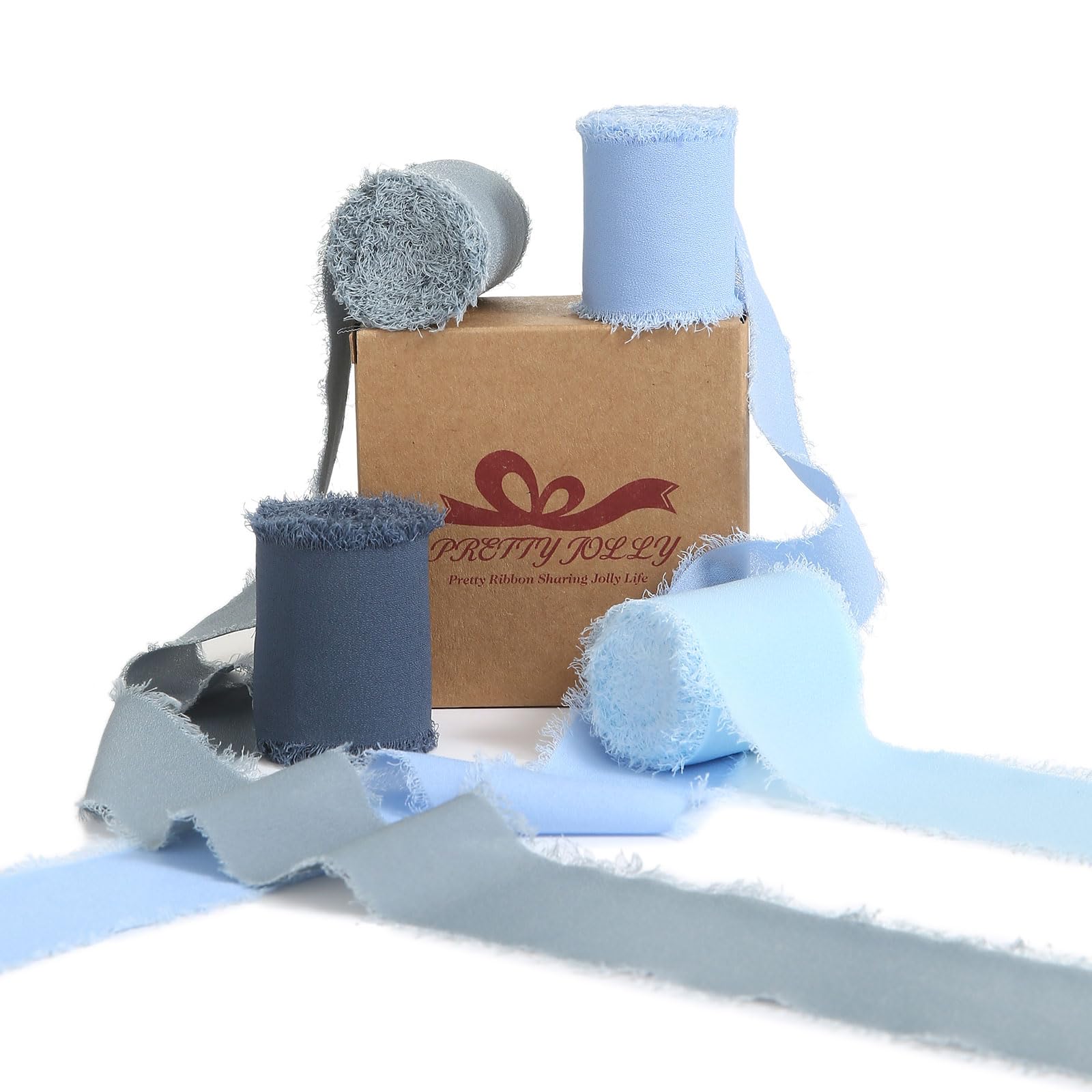 Pretty Jolly Blue Set Chiffon Ribbon for Gift Wrapping 4 Rolls 2 Inch x 5Yd Silk Ribbons Handmade Fringe Fabric Ribbon for Flowe