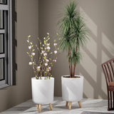 Dealdash Pack Of 2 Modern White Flower Pot With Wooden Legs 13 Inch Tall 9L Capacity | Indoor Outdoor Planter For Home Garden Ba
