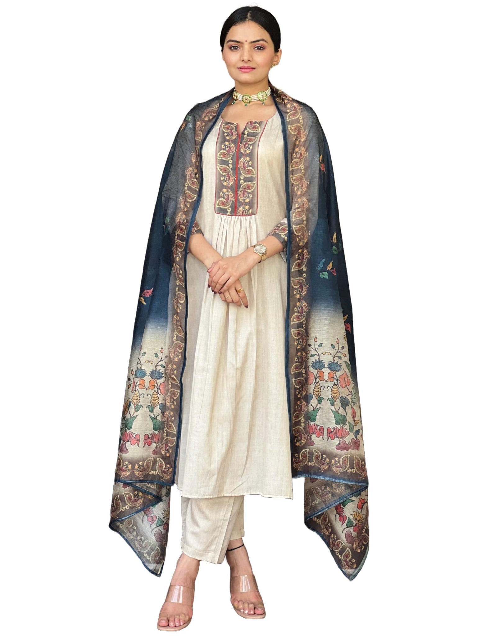 Anni Designer Women'S Rayon Viscose Straight Printed Kurta With Pant & Dupatta (Ladki Cream_S_Cream_Small),Cream,S