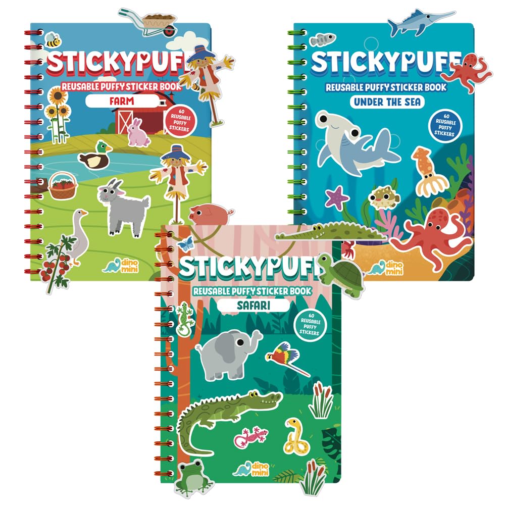 DINO MINI Stickypuff Value Pack - 3 Reusable Puffy Sticker Book for Toddlers - Puffy Stickers for Toddlers - Travel Activities f