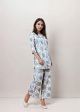 Smowkly Women'S Printed Rayon Slub Mid Thighs Short Kurti With Relaxed Fit Pant Sylish Co-Ords Set || Trendy 3/4 Sleeve Kurta & Palazzo Cord Pair (Sky Blue-Small)