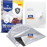 Wallaby 50 Count 2-Quart Mylar Bags with Labels, 10 Mil Total Thicker Long-Term Food Storage Pouches, 8x12 Heat-Sealable Airtigh