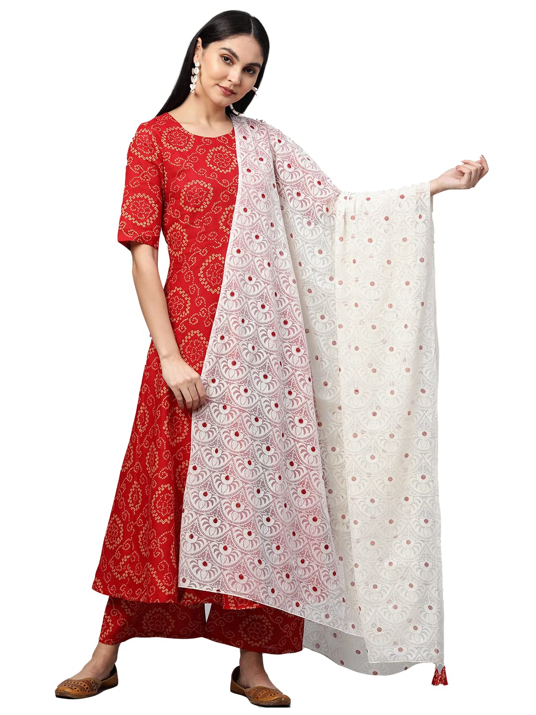 Anni Designer Women'S Cotton Anarkali Kurta With Palazzo & Dupatta (Ruchi Red_Xl_Red_X-Large),Red,XL