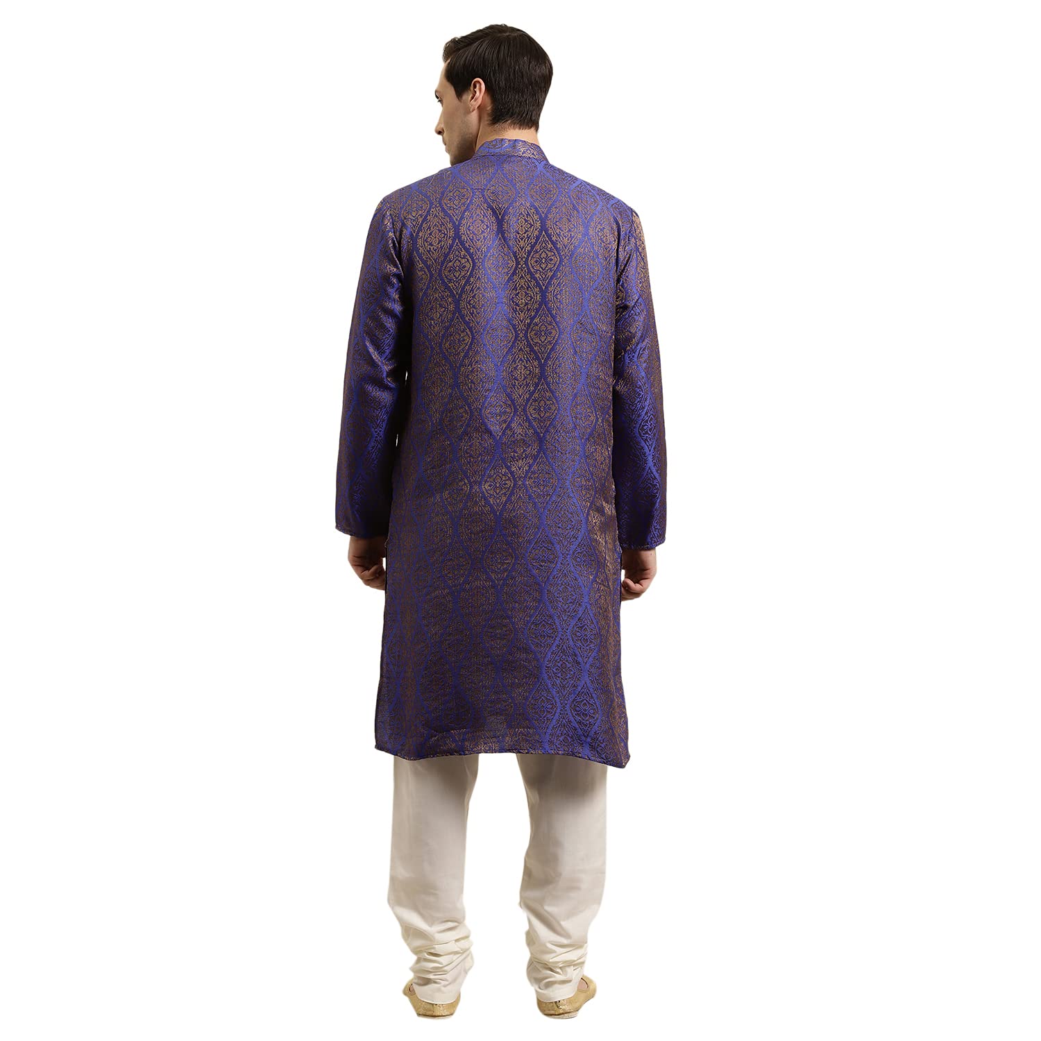 Sojanya (Since 1958 Men'S Jacquard Silk Blue & Gold Kurta & Off-White Churidar Pyjama Set Size 40