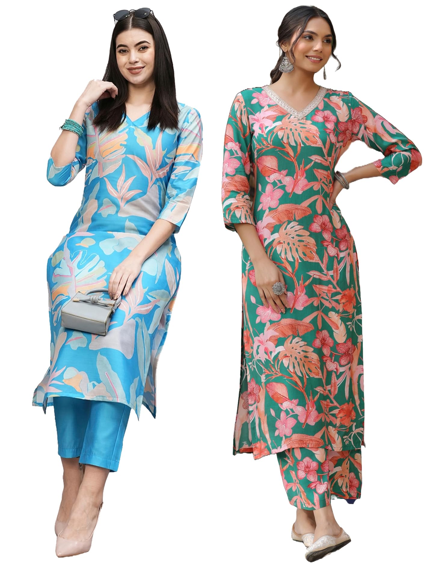 Anni Designer Women'S Cotton Blend Printed Straight Kurta With Pant Pack Of 2 (Jonaki Blue-Chinki Green_L_Multi_Large),Multicolour,L