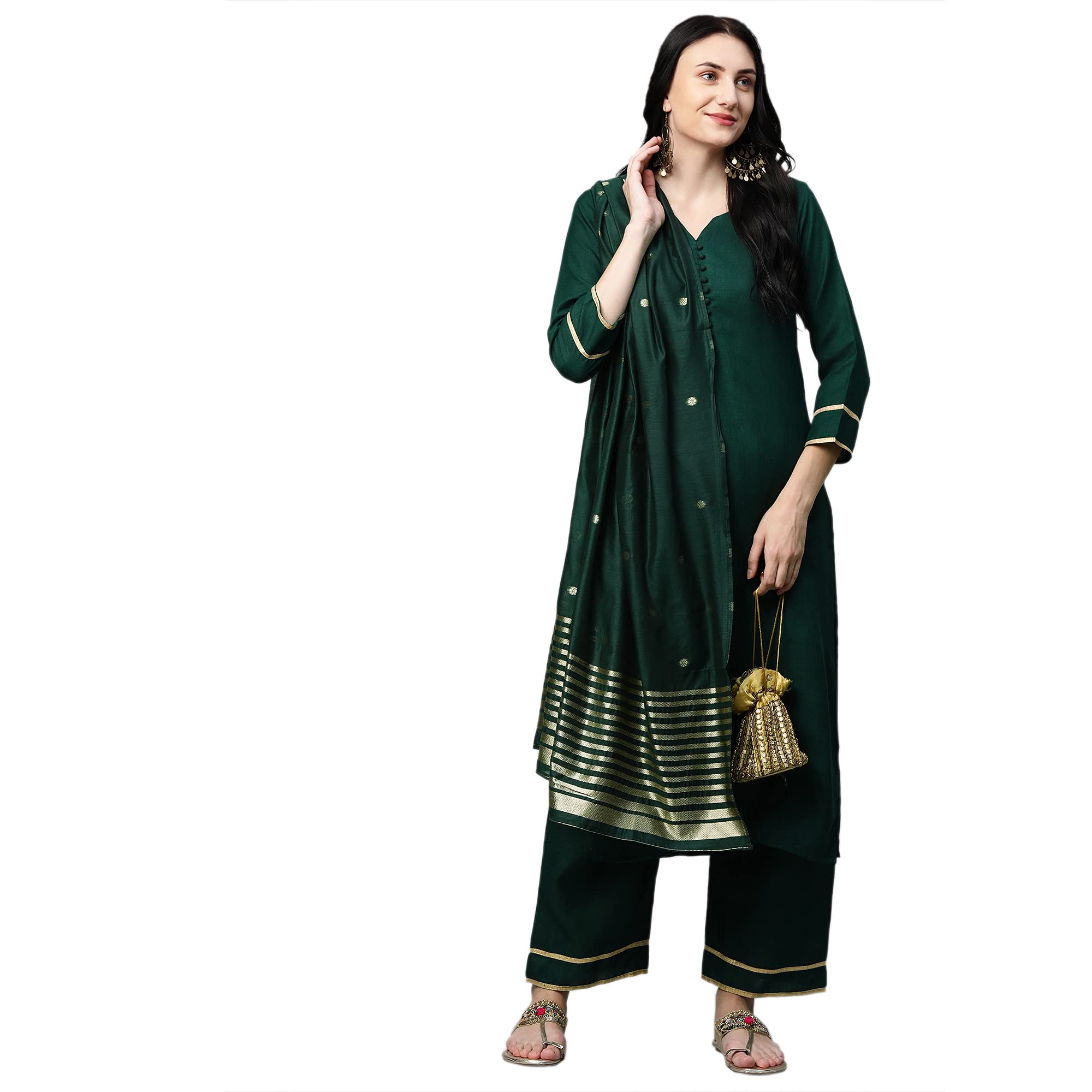 Anni Designer Women'S Ruby Cotton Straight Kurta With Palazzo & Dupatta (Game New Green_M_Green_Medium),Green,M