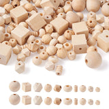 Craftdady 150pcs Unfinished Geometric Wooden Loose Beads Natural Unpainted Round Polygon Cube Rondelle Column Wood Spacer Beads 