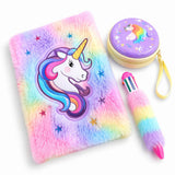 Relia Online Unicorn Fur Diary Set For Girls (Pack Of 3) | Cute Plush Unicorn Diary With Fur Pen & Coin Pouch | Kids Diary & Une